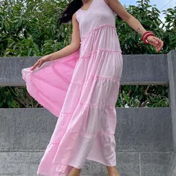 Thread & Button Pink Maxi Solid Dress-image-39