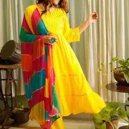 Thread & Button Women Yellow Lace Work A-Line Kurta with Palazzos & With Printed Dupatta-11