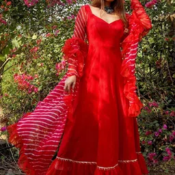 Thread & Button Women Red Leheriya Pure Cotton Kurta With Leggings & With Dupatta-image-67