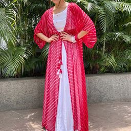 Thread & Button Women Leheriya Printed Jacket and Pure Cotton Kurta with Skirt-image-0