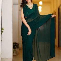 Thread & Button Green Poly Georgette Saree-image-1