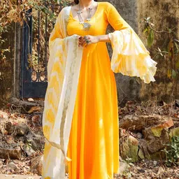 Thread & Button Women Yellow Pure Cotton Kurta with Trousers & With Dupatta-14