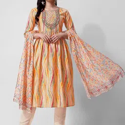 Berrylicious Abstract Printed Thread Work Chanderi Cotton Kurta with Trousers & Dupatta-11