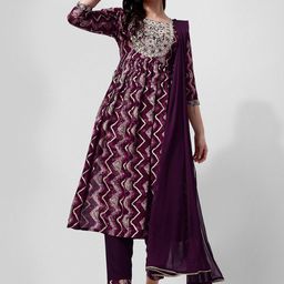 Berrylicious Chevron Printed Mirror Work Kurta with Trousers & Dupatta-image-11