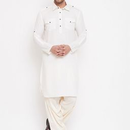 VASTRAMAY Men Cream-Coloured Pathani Kurta with Salwar-picture-34