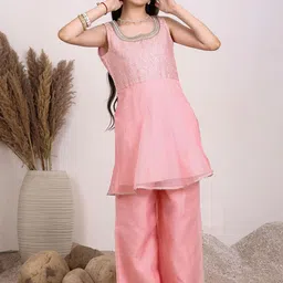 Inddus Girls Chevron Embroidered A-Line Kurta With Palazzos-image-94