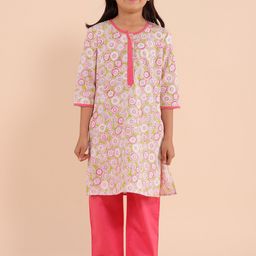 Sangria Girls Ethnic Motifs Printed Pure Cotton Kurta With Trousers-image-65