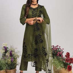 Tikhi Imli Olive Green Floral Embroidered Straight Kurta With Trousers & Dupatta-44