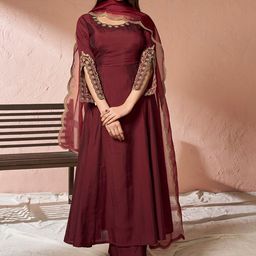 Inddus Ethnic Motifs Embroidered Pure Silk Kurta with Palazzos & Dupatta-image-31