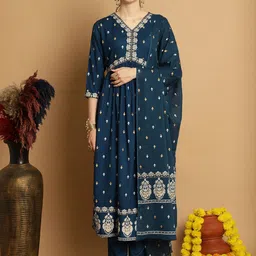 Sangria Ethnic Motifs Printed V-Neck With Trouser & Dupatta-picture-16