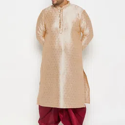 VASTRAMAY Men Plus Size Geometric Woven Design Mandarin Collar Kurta With Dhoti Pants-4