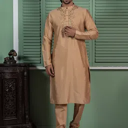 KISAH Geometric Yoke Design Mandarin Collar Regular Kurta With Churidar-picture-41