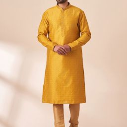 Manyavar Men Ethnic Motifs Self Design Mandarin Collar Pure Cotton Kurta with Churidar-image-6
