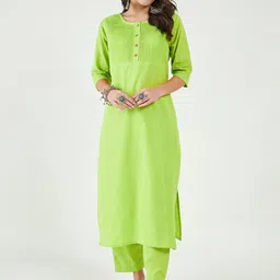 Bitterlime Yoke Design Pleated Pure Cotton Round Neck Straight Kurta with Trouser-picture-3