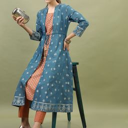 Vishudh Women Brown Floral Printed A-Line Kurta with Trouser and Teal Blue Jacket-picture-39
