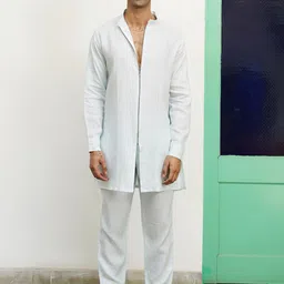 KALPRAAG Mandarin Collar Front Zipper Regular Linen Kurta With Trousers-image-44