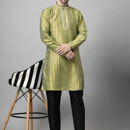 Utsav Fashion Men Yoke Design Pleated Mirror Work Dupion Silk Kurta with Trousers-picture-30