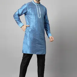 Utsav Fashion Men Yoke Design Pleated Mirror Work Dupion Silk Kurta with Trousers-picture-44