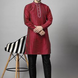 Utsav Fashion Men Yoke Design Pleated Mirror Work Dupion Silk Kurta with Trousers-picture-53