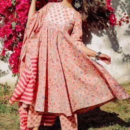Libas Women Floral Yoke Design Empire Gotta Patti Pure Cotton Kurta Set-image-32