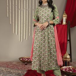 Varanga Women Floral Printed Empire Gotta Patti Pure Cotton Kurta Set-13