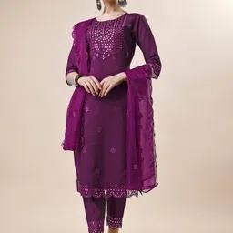 Berrylicious Ethnic Motifs Embroidered Chanderi Cotton Kurta With Trousers & Dupatta-picture-31
