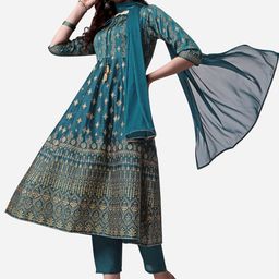 Berrylicious Women Ethnic Motifs Printed Pure Silk Kurta with Trousers & Dupatta-picture-7