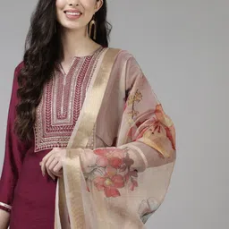 Indo Era Burgundy & Gold Striped Yoke Thread Work Liva Straight Kurta Trousers & Dupatta-image-75