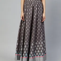 AURELIA Grey & Silver Printed Flared Maxi Skirt-19