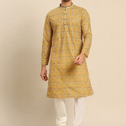 KISAH Men Mustard Yellow Ethnic Motifs Embroidered Kurta with Pyjamas-20