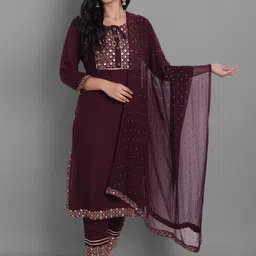 Ziva Fashion Women Maroon Ethnic Motifs Yoke Design Mirror Work Kurta with Trousers & With Dupatta-6
