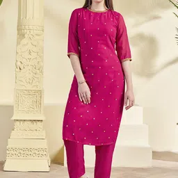 KALINI Ethnic Motifs Embroidered Thread Work Detailed Straight Kurta With Trouser-image-26