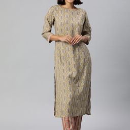 KALINI Women Floral Printed Regular Chanderi Cotton Kurta with Trousers-14