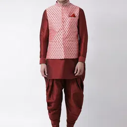 DEYANN Men Peach-Coloured Ethnic Motifs Layered Dupion Silk Kurta with Patiala-7