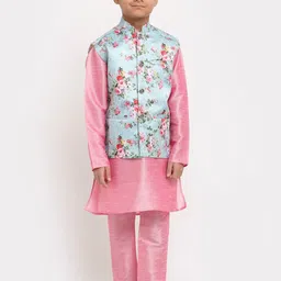 KRAFT INDIA Boys Pink Floral Printed Dupion Silk Kurta with Churidar & Nehru Jacket-picture-19