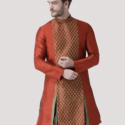 DEYANN Men Orange Ethnic Motifs Printed Panelled Dupion Silk Kurta with Patiala-picture-56