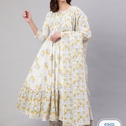 Mizaz Floral Printed Gotta Patti Pure Cotton Kurta With Trousers & Dupatta-picture-58