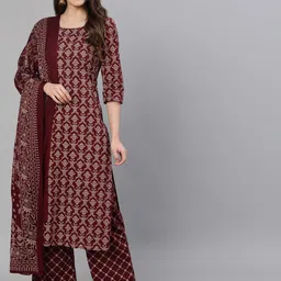 Nayo Wine Red Ethnic Motifs Printed Pure Cotton Kurta Set-image-100
