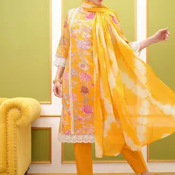 Vishudh Floral Printed Regular Thread Work Pure Cotton Kurta with Trousers & With Dupatta-picture-49