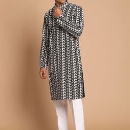 VASTRAMAY Men Black Printed Angrakha Chikankari Pure Cotton Kurta with Pyjamas-picture-48