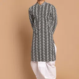 VASTRAMAY Men Black & White Embroidered Chikankari Pure Cotton Kurta with Dhoti Pants-image-60