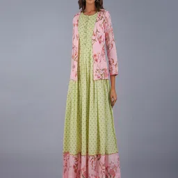 KALINI Women Green & Pink Ethnic Motifs Cotton Maxi Dress With Jacket-image-56