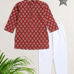 The Magic Wand Boys Ethnic Motifs Printed Pure Cotton Straight Kurta with Pyjamas-50