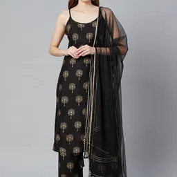 KALINI Ethnic Motifs Printed Shoulder Straps Pure Cotton Kurta & Palazzos With Dupatta-image-13