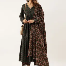 Divena Women Green Ethnic Motifs Printed Regular Pure Cotton Kurta with Trousers & With Dupatta-image-31