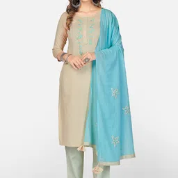 Vbuyz Women Cream-Coloured Embroidered Regular Pure Cotton Kurta with Trousers & With Dupatta-46