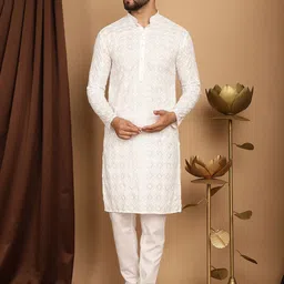 SOJANYA Embroidered Sequinned Pure Cotton Kurta with Churidar-image-5