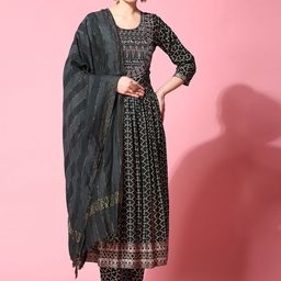 KALINI Floral Printed Thread Work Kurta With Trousers & Dupatta-picture-1