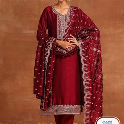 Indo Era Floral Yoke Design V-Neck Sequinned Detail Straight Kurta & Trousers With Dupatta-13