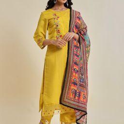 Varanga Yellow Floral Embroidered Sequinned Kurta With Trousers & Dupatta-image-80
